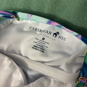 NWT Caribbean Joe Colorful Tropical Leaf Print Ruched Tankini Swimwear Top M